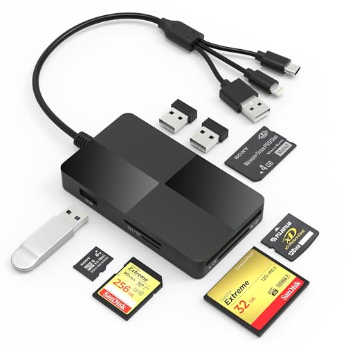 8 in 1 Kartenleser für SD/TF/CF/XD/MS/Micro SD, Card Reader for iPhone/iPad/Windows/MAC OS/Chrome OS/Linux, Lightning+USB A+USB C Memory Stick Pro Duo Adapter mit 3 USB 2.0-Anschlüssen von Ardaddyn