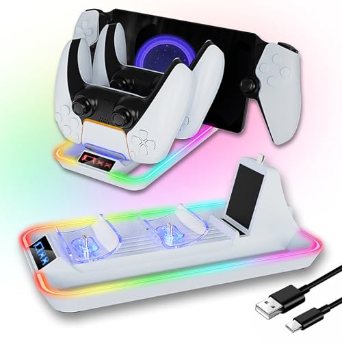 AriKroii Ladestation für PS Portal, 3 in1 Tragbare Ladegerät für PS Portal Remote Player und PS5 Controller, Ladestation für Playstation Portal mit RGB-Licht Typ-C-Ladekabel Ladeschutz von AriKroii