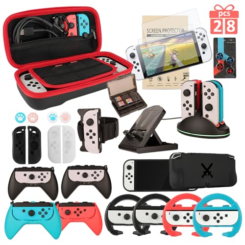 Zubehör für Familien-Zubehör für Nintendo Switch OLED, Tragetasche und Displayschutzfolie, 4 Stück Joy Con Griffe und Lenkräder, Gehäuseabdeckung, Standhalterung, Joy-Con Ladegerät und MoreSwitch OLED von Arisll