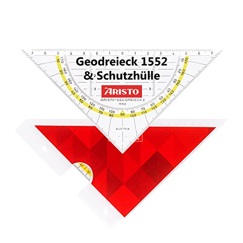 Aristo AR17629B Geodreieck AR1552 mit passender Geosaver Schutzhülle (Dreieck Hypotenuse 16 cm, Tuschenoppen und Facetten, Hülle mit Ordnerleiste, Kunststoff) rot, transparent von Aristo