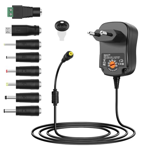 Aroidful 12W Universaladapter AC a DC 3V 4.5V 5V 6V 7.5V 9V 12V 1.2A Stecker Netzladegerät mit 8 DC-Anschlüssen für CCTV-Kamera/LED-Lichtband/USB-Hub/Lautsprecher von Aroidful