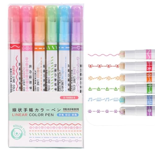 Arroopu Curve Textmarker-Stifte-Set, 6 x farbige Kurvenstifte, Textmarker, Marker mit 6 verschiedenen Kurvenformen zum Schreiben, Zeichnen, Journaling, Scrapbooking, Basteln von Arroopu