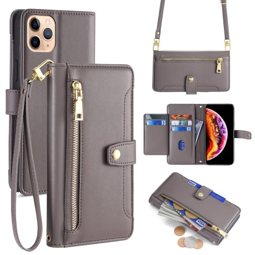 Arseaiy Schutzhülle für Xiaomi Poco M5 4G, Klapphülle mit Schultergurt, magnetische Handtasche, Reißverschlusstasche, PU-Leder, stoßfest, mit Ständer, Grau von Arseaiy
