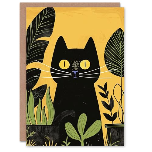 Artery8 Birthday Card Black Cat Pet Plant Lover Garden Yellow Botanical Blank Arty Art All Occasion Greeting Card von Artery8