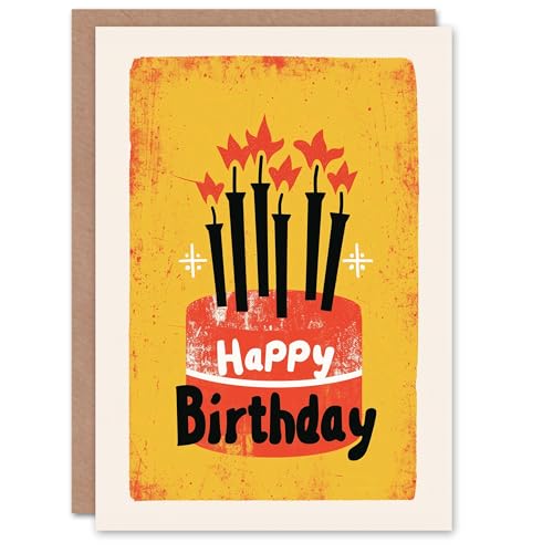 Artery8 Birthday Card Classic Cake with Candles on Yellow Painting For Him Man Male Dad Brother Son Papa Grandad Greeting Card von Artery8