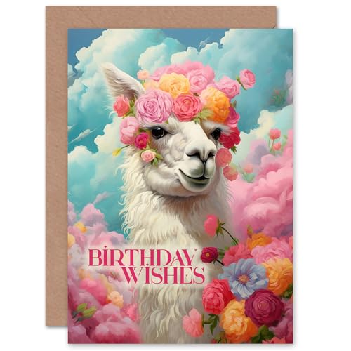 Artery8 Birthday Wishes Llama with Rose Flowers Floral Teen For Her Mum Daughter Wife Sister Blank Inside Greeting Card von Artery8