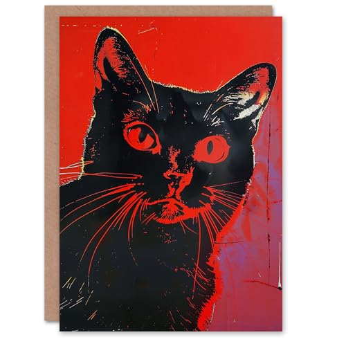 Artery8 Cat Lover Vibrant Red Black Retro Horror Portrait Blank For Him Or Her Art Halloween Card von Artery8