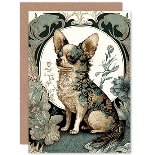 Artery8 Chihuahua Dog With Floral Pattern Fur Coat Modern Art Nouveau Portrait Illustration Art Birthday Sealed Greeting Card Plus Envelope Blank inside von Artery8