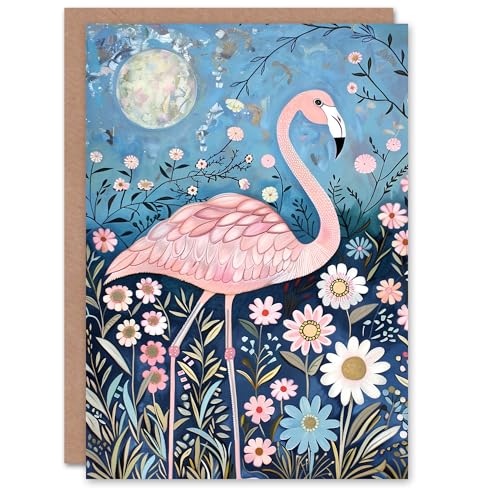 Artery8 Flamingo Bird Full Moon Night Flowers Folk Art For Her Woman Birthday Card von Artery8