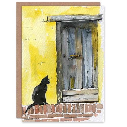 Artery8 Greeting Card Black Cat Lover Village House Door Watercolour Blank For Him Or Her Art Birthday Card von Artery8