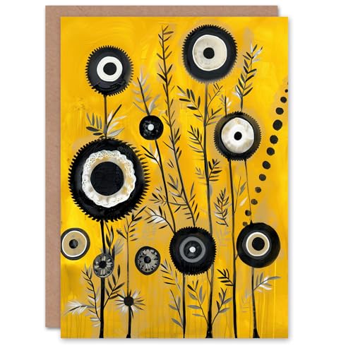 Artery8 Greeting Card Black Yellow Abstract Geometric Wildflowers for Her Woman Birthday Card von Artery8