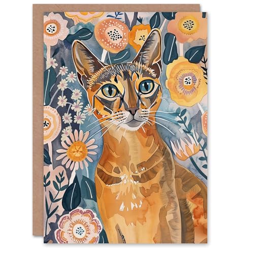 Artery8 Greeting Card Cat Lover Abyssinian Floral Watercolour Folk Art For Her Woman Birthday Card von Artery8