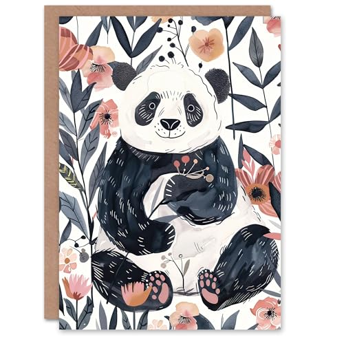 Artery8 Greeting Card Cute Panda Bear in Flower Garden Bright Simple for Her Woman Birthday Card von Artery8