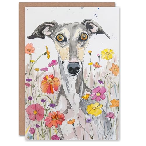 Artery8 Greeting Card Cute Whippet in Wildflowers Dog Lover Watercolour for Her Woman Birthday Card von Artery8