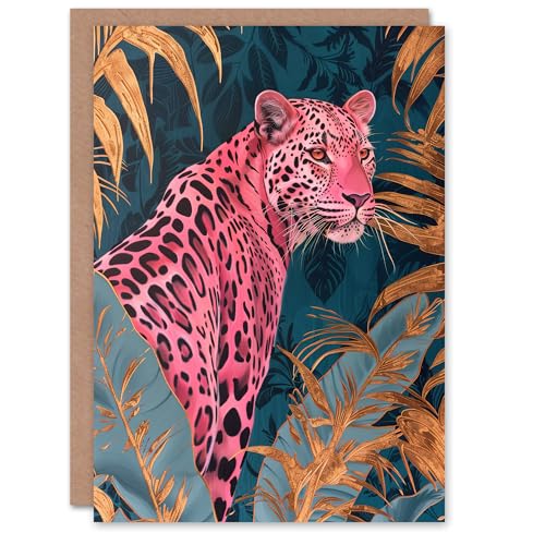 Artery8 Greeting Card Elegant Pink Leopard in Blue Gold Tropical Jungle Blank for Him Or Her Art Birthday Card von Artery8