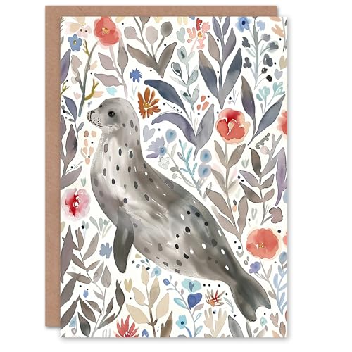 Artery8 Greeting Card Happy Seal with Coastal Wildflowers Watercolour Blank for Him Or Her Art Birthday Card von Artery8