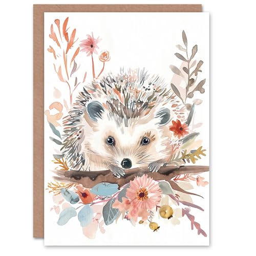 Artery8 Greeting Card Hedgehog in Wildflowers Modern Watercolour Pastel Blank for All Him Or Her Art Birthday Card von Artery8