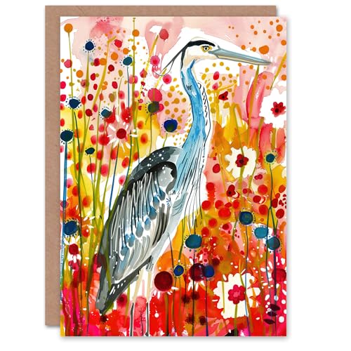 Artery8 Greeting Card Heron Bird in Colourful Abstract Flower Field Blank For Him Or Her Art Birthday Card von Artery8