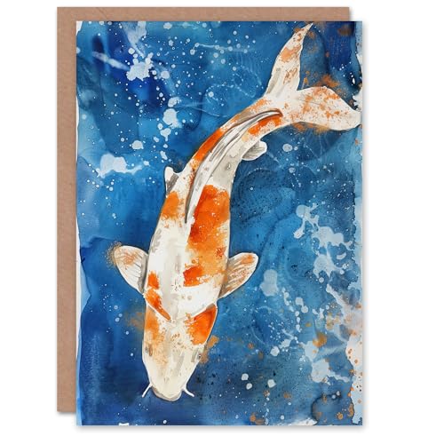 Artery8 Greeting Card Japanese Koi Carp Fish in Pond Watercolour Splat Blank For Him Or Her Art Birthday Card von Artery8