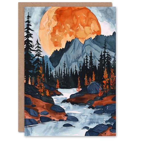 Artery8 Greeting Card Orange Harvest Moon Over Rocky Mountains Forest Blank For Him Or Her Art Birthday Card von Artery8