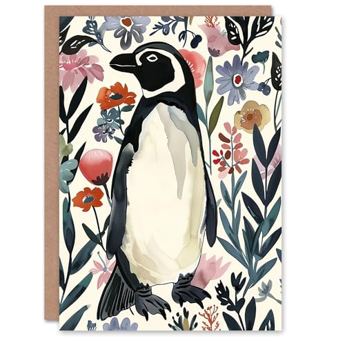 Artery8 Greeting Card Penguin in Coastal Wildflowers Bright Floral for Her Woman Birthday Card von Artery8