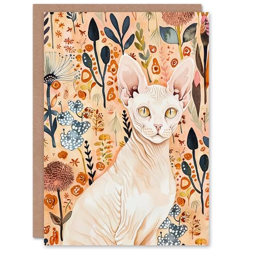 Artery8 Greeting Card Sphynx Cat in Autumn Wildflowers Watercolour Blank for Him Or Her Art Birthday Card von Artery8