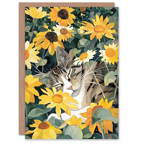 Artery8 Greeting Card Tabby Cat Lover Asleep in Wildflower Garden Blank for Him Or Her Art Birthday Card von Artery8