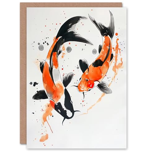 Artery8 Greeting Card Two Koi Carp Japanese Fish Bright Watercolour Blank for Him Or Her Art Birthday Card von Artery8