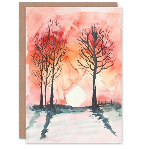 Artery8 Greeting Card Two Trees at Sunset Winter Countryside Landscape Blank For Him Or Her Art Birthday Card von Artery8