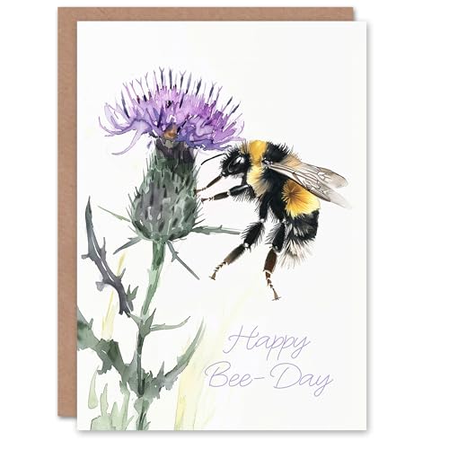 Artery8 Happy B Day Watercolour Thistle Flower Bumble Bee Blank For Him Or Her Art Birthday Card von Artery8