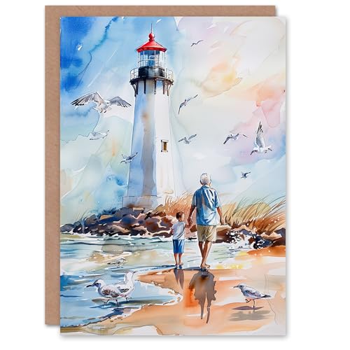 Artery8 Lighthouse Seagulls Beach Walk With Grandad For Him Man Retirement Card von Artery8