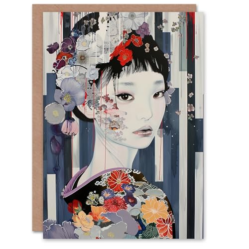 Artery8 Modern Japanese Woman Portrait in Delicate Floral Greeting Birthday Card Him Her All Blank von Artery8