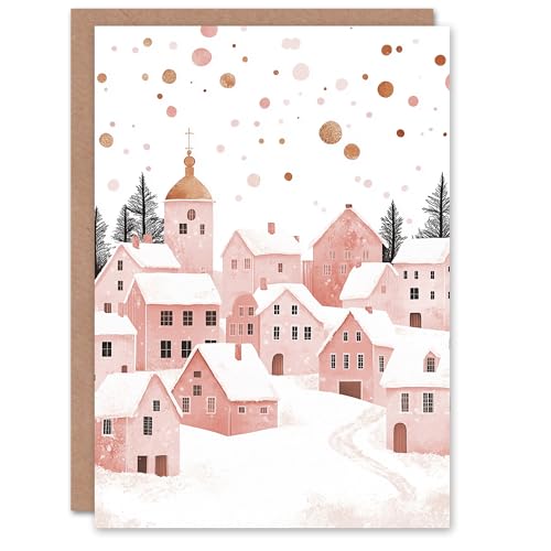 Artery8 Pink Gold Snow Townscape Winter Watercolour For Her Woman Christmas Card von Artery8