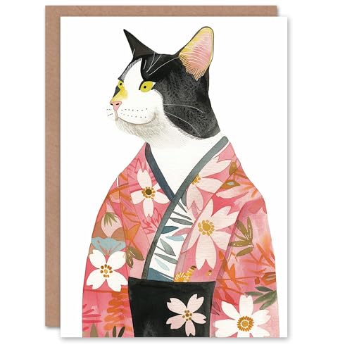 Artery8 Tuxedo Cat Lover Pet Pink Floral Japanese Kimono Blank For Him Or Her Art Birthday Card von Artery8