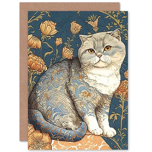 Artery8 Cute Cat with Floral Pattern Fur and Autumn Flower Blooms Art Nouveau Modern Illustration Art Birthday Sealed Greeting Card Plus Envelope Blank inside von Artery8