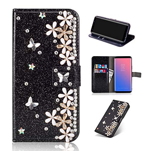 Artfeel Glitzer Leder Brieftasche Hülle für Samsung Galaxy A6 Plus 2018, Bling Glänzend Strass Magnetisch Flip Handyhülle mit Kartenfächer,Handarbeit 3D Diamant Blume Stand Hülle-Floral Schwarz von Artfeel