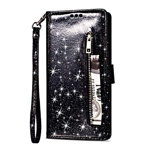 Artfeel Reißverschluss Brieftasche Hülle für Samsung Galaxy Note 8, Bling Glitzer Leder Handyhülle mit Kartenhalter,Flip Magnetverschluss Stand Schutzhülle mit Tasche und Handschlaufe-Schwarz von Artfeel