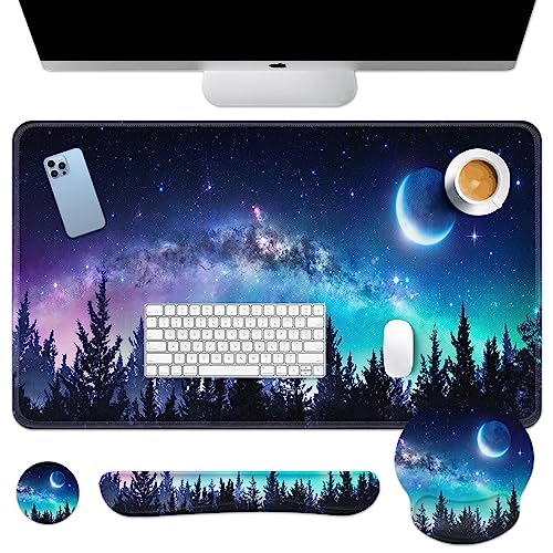 Arttown Moon Starry Space Schreibtischunterlage, Galaxieblau, Sommer-Mauspad-Set mit Handgelenkstütze, 4-in-1 großes Mauspad + Tastatur-Handgelenkauflage + Maus-Handgelenkauflage + Untersetzer mit von Arttown