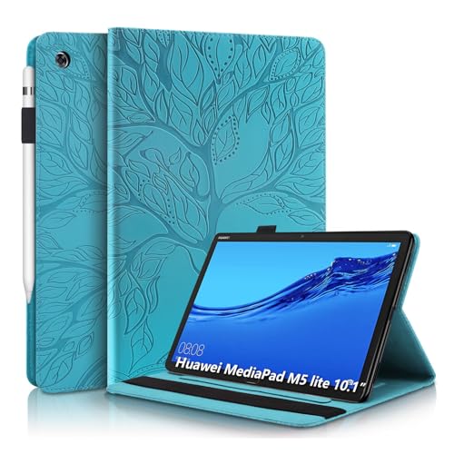 Aswant Huawei Mediapad M5 Lite 10 Hülle Geprägter Baum PU PU Leder Brieftasche BookStyle Flip Cover Stand Kartensteckplatz Tablet Schutzhülle Für Huawei Mediapad M5 Lite/C5 10.1 Zoll 2018 - Blau von AsWant