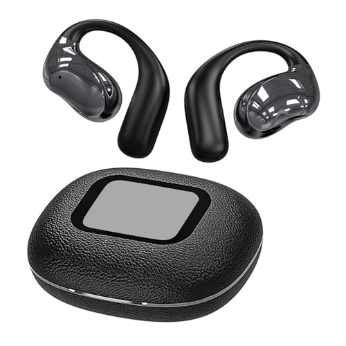 Asixxsix Offene Ohrhörer, Kabellose Bluetooth-Kopfhörer mit Offenem Ohr und Ladehülle mit Digitalem Display, Geräuschreduzierende Ohrhörer Zum Laufen, Musikwiedergabe (Black) von Asixxsix