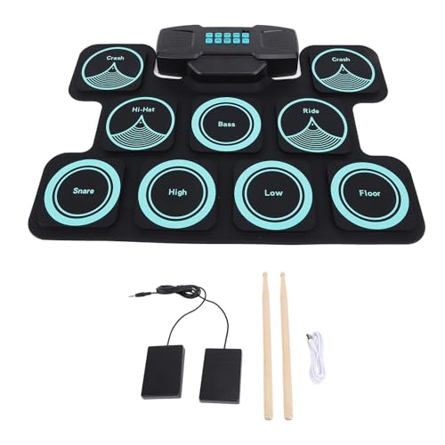 Elektronisches Schlagzeug-Set, 9 Pads, Roll-Up-Drum-Pad mit Integrierten Lautsprechern, DTX-Spielmodus und Drumsticks, 2000 MAh Wiederaufladbares Tragbares Übungspad mit 9 von Asixxsix