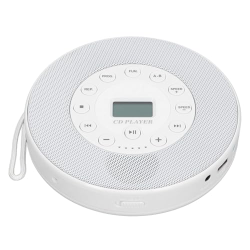 Tragbarer CD-Player mit Lautsprecher, Wiederaufladbarer Kompakter CD-Player mit Anti-Skip und Memory Play, Unterstützt CD, CD-RW, MP3, AUX-USB-Anschluss, für Zuhause, Auto (Weiß von Asixxsix