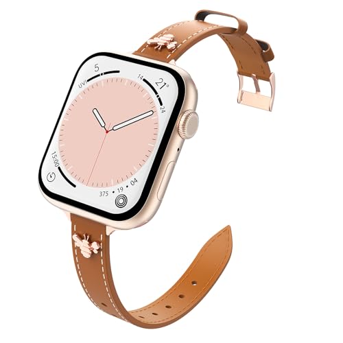 Astorgos Schlank Leder Armband Kompatibel mit Apple Watch Series 9 8 7 6 5 4 3 2 1 SE SE2 38/40/41mm, Echtes Leder Dünnes Uhrenarmband Ersatzarmband für Damen, Braun/Rosegold von Astorgos