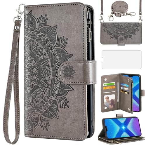 Asuwish Handyhülle für Huawei Honor 8X Hülle mit Band und Folie Schutzfolie Kartenfach Klappbar Leder Blumen Geldbörse Ständer Hawaii Honor8X 5G JSN-L21 Handy Hüllen Schutzhülle Phone Case Grau von Asuwish