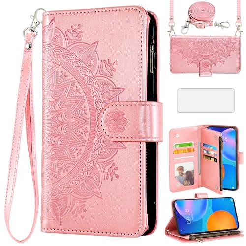 Asuwish Handyhülle für Huawei P Smart 2021 Hülle mit Band und Folie Schutzfolie Kartenfach Klappbar Leder Blumen Geldbörse Ständer Hawaii Y7A PSmart PPA-LX2 Hüllen Schutzhülle Phone Case Rosegold von Asuwish