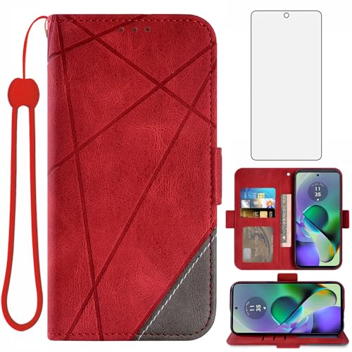 Asuwish Handyhülle für Motorola Moto G54 5G Hülle mit Glas Folie Schutzfolie und Kartenfach Klappbar Leder Geldbörse Ständer G 54 54G Handy Hüllen Handyhüllen Schutzglas Schutzhülle Phone Case Rot von Asuwish