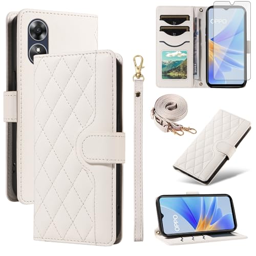 Asuwish Handyhülle für OPPO A17/A17k, Brieftaschen-Schutzhülle mit gehärtetem Glas, Displayschutzfolie und Handschlaufe, Schlüsselband, Kartenhalter, Ständer, Flip-Folio-Zubehör, Geldbörse, CPH2477, von Asuwish