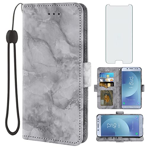 Asuwish Handyhülle für Samsung Galaxy J5 Pro 2017 J530 mit gehärtetem Glas Displayschutzfolie und Marmor Brieftasche Flip Card Holder Slot Stand Cell Accessories Gaxaly J5pro SM J530F J530G Damen von Asuwish