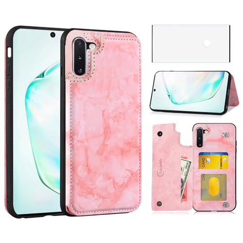 Asuwish Handyhülle für Samsung Galaxy Note 10 Hülle mit Glas Folie Schutzfolie Kartenfach Klappbar Marmor Leder Geldbörse Ständer Note10 5G Handy Hüllen Schutzhülle Panzerfolie Cover Phone Case Rosa von Asuwish