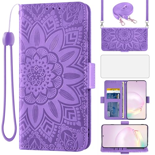 Asuwish Handyhülle für Samsung Galaxy Note 20 Ultra 5G Hülle mit Band und Glas Folie Schutzfolie Kartenfach Klappbar Leder Geldbörse Ständer Note20 Plus Handy Hüllen Blumen Schutzhülle Phone Case Lila von Asuwish